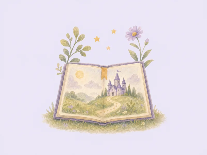An open picture book standing on grass with a castle painted on its pages