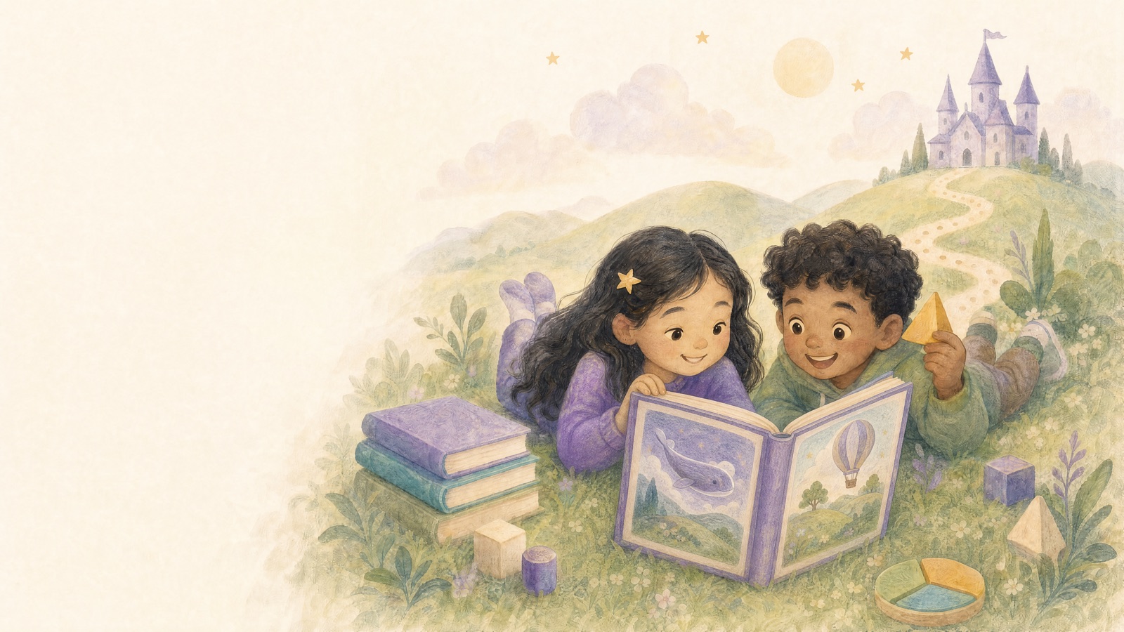 Two children lying on the grass reading a picture book together, with a castle on the hill behind them