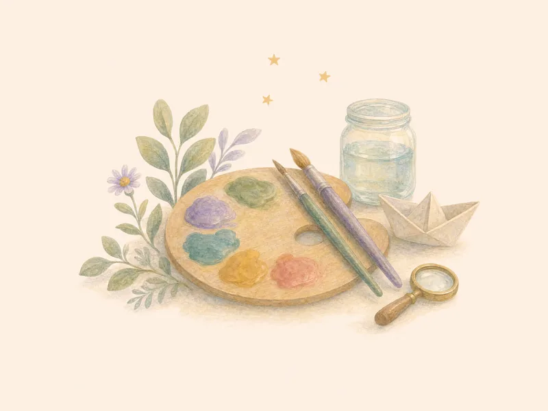 An artist's palette with brushes, a jar of water, a paper boat and a magnifying glass