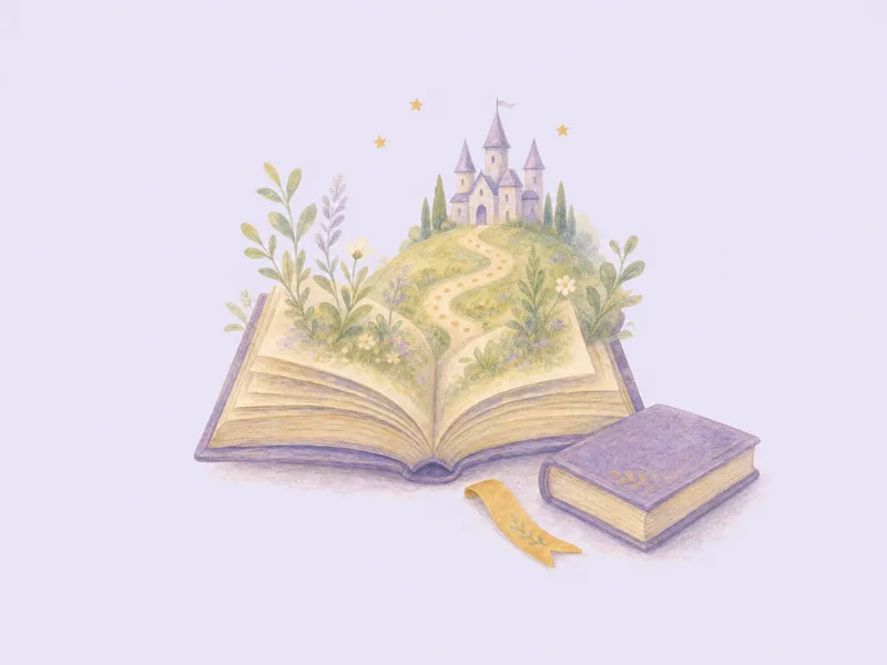 An open picture book with a small castle and hill growing out of its pages