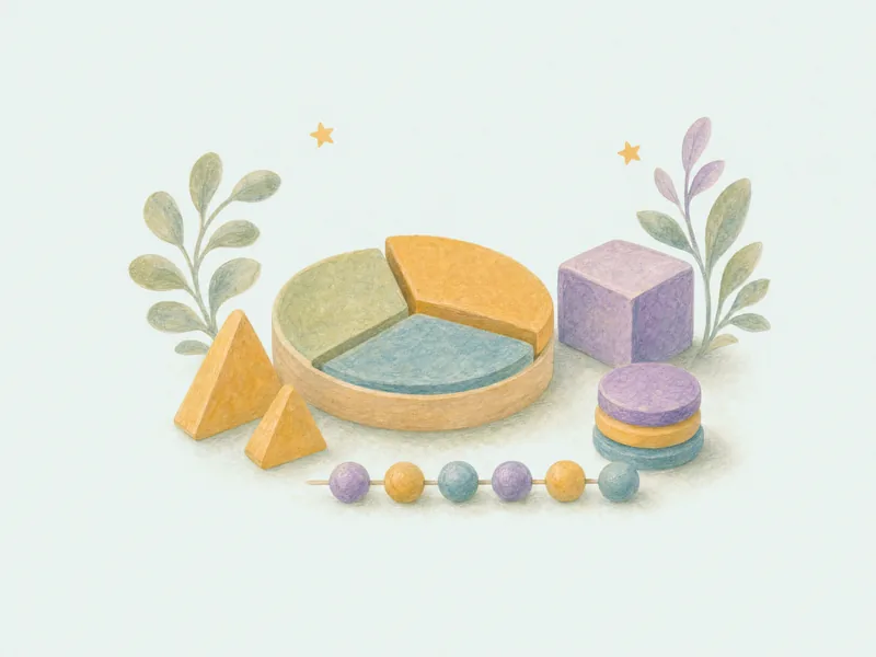Wooden learning shapes: a pie chart, triangles, a cube and a row of beads